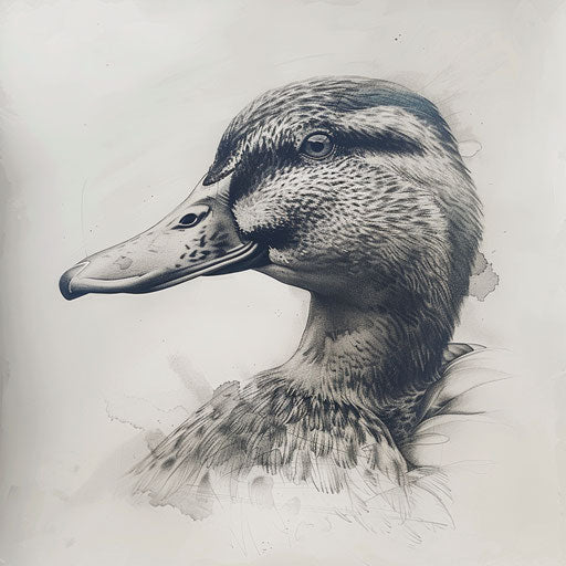 Realistic portrait of a duck, detailed shading, tattoo on white