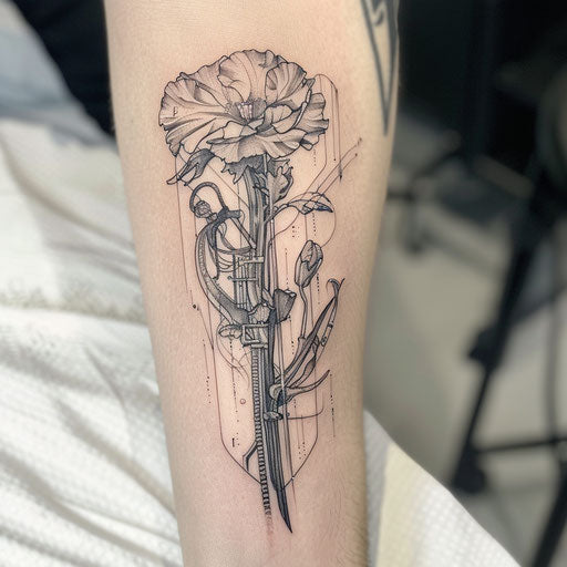 Biomechanical carnation tattoo merging organic and machine elements