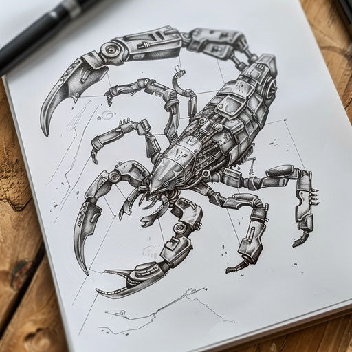 Cyberpunk scorpion tattoo design on blank white paper