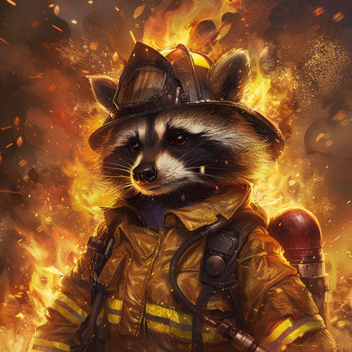 A raccoon firefighter battling fierce blazes to save lives
