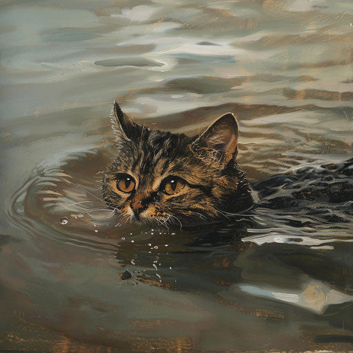 Tortoise cat swimming in a lake by the shore