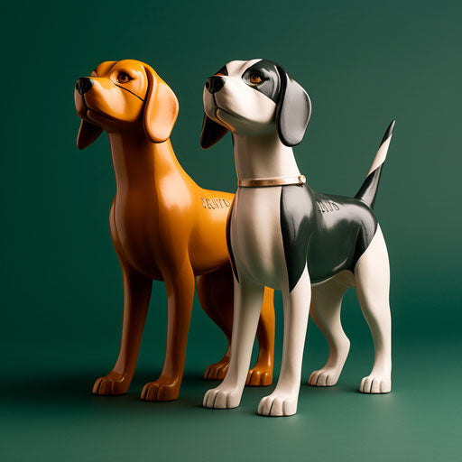 Wooden figurines of UK beagle dogs, black and amber