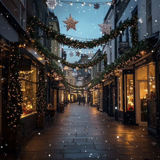 Festive street adorned with garlands and Christmas lights