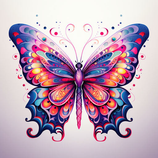 Butterfly tattoo design, white background, vibrant, groovy
