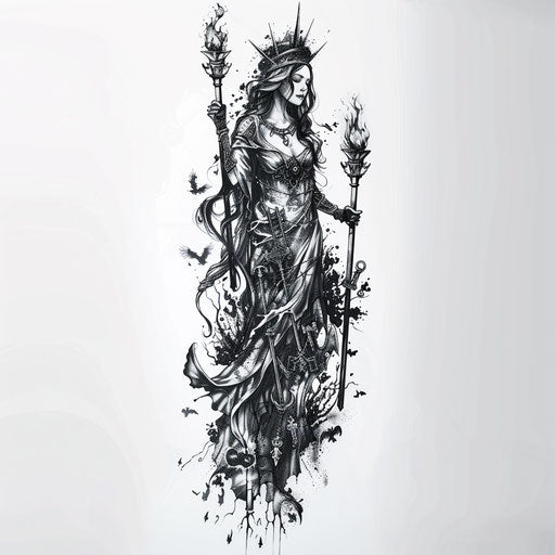 Gothic illustration of Hecate with torches and keys