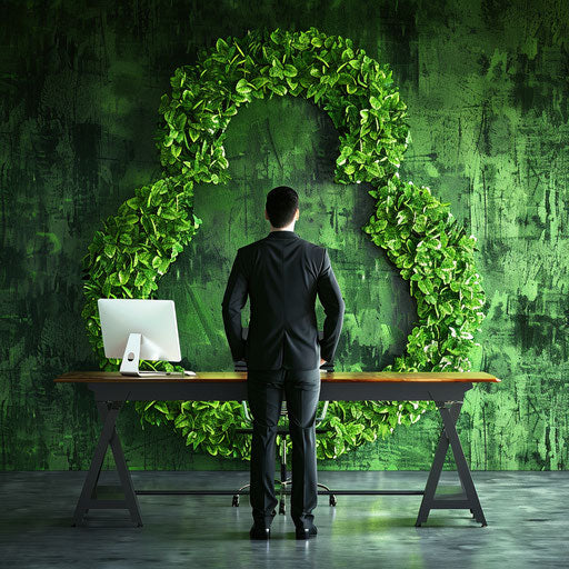 Businessman in green office promoting sustainability