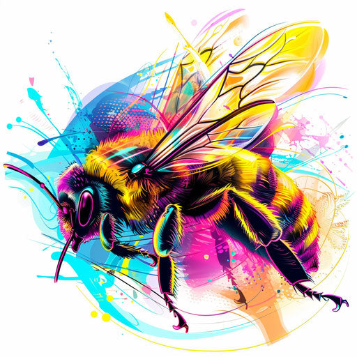 Dynamic tattoo sketch of a queen bee with motion blur effects and bright colors in a modern clipart style