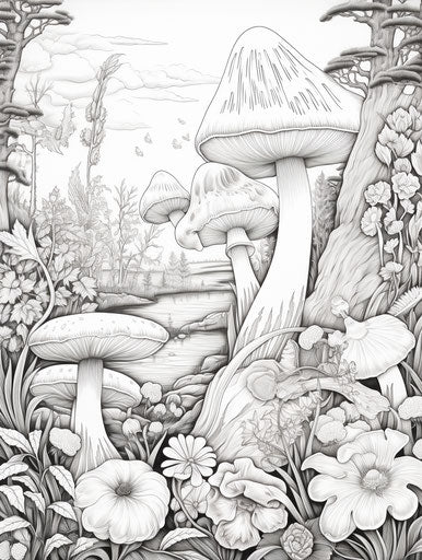 Outdoor scene with flowers and mushrooms
