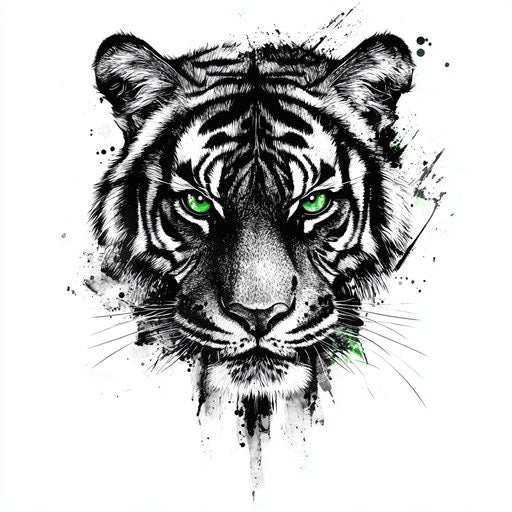 Flat tiger tattoo on hand with intense green eyes