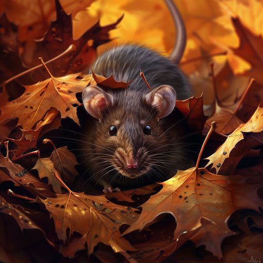 Brown rat emerging from a pile of autumn leaves