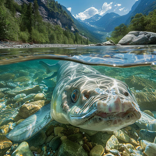 Close encounter with a white sturgeon in a mountain stream