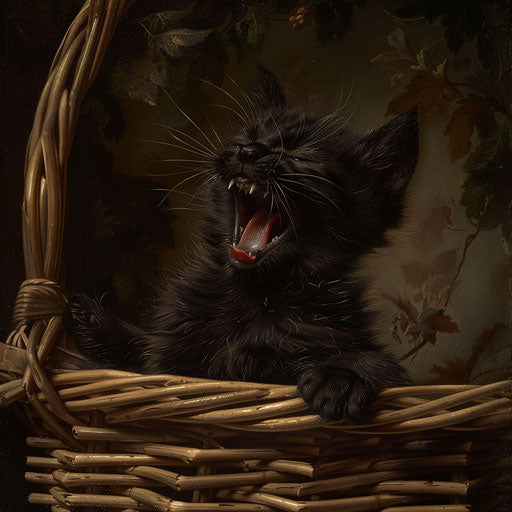 Black kitten yawning in a wicker basket