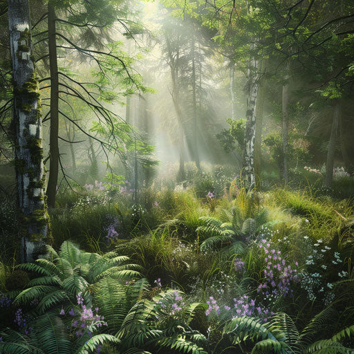 Sunlit forest clearing with ferns and wild orchids