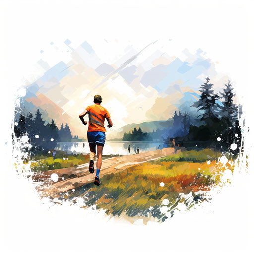 Oil painting style illustration of cross country landscape on white background