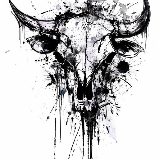 Edgy punk-inspired bull skull tattoo with black ink splatters