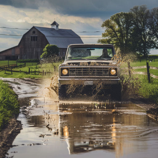 Raised classic pickup truck on a muddy road