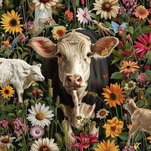 Farm animals with vibrant meadow flora