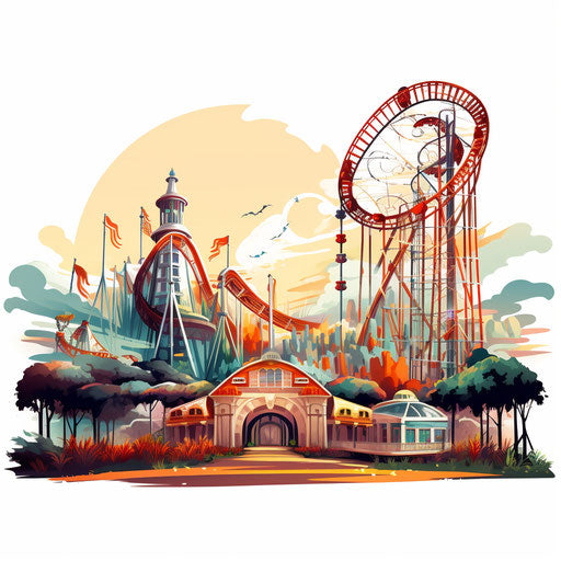 Amusement park illustration in Chiaroscuro Art style, on white background