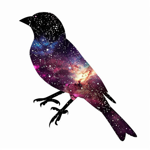 Sparrow silhouette filled with a galaxy pattern, combining space and nature, on a white background