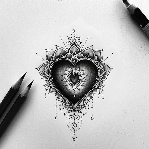 Black heart surrounded by intricate mandala