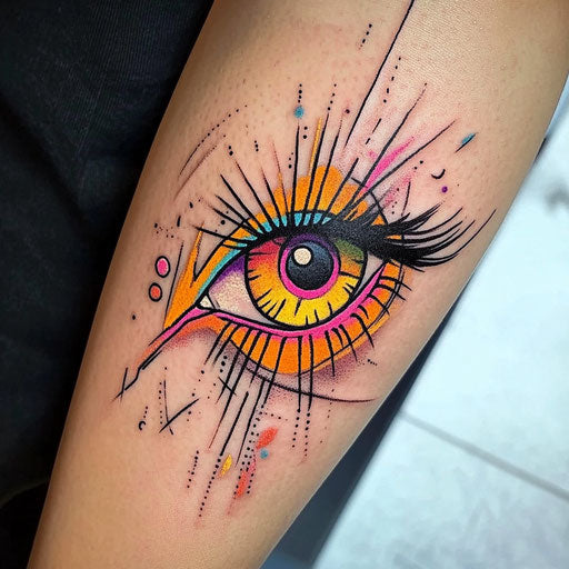 Eye tattoo sketch on arm with vibrant neon colors