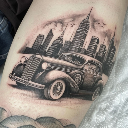 Traditional gangster tattoo of a vintage car and city skyline in the background, inked in black and grey on white paper.