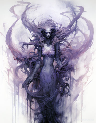 Drawing of ghosts on paper, dark silver and purple style, tattoo, flowing draperies 25:32