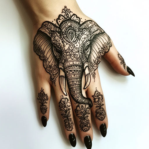 Graceful flat tattoo sketch of a majestic elephant with ornamental details on a pure white background