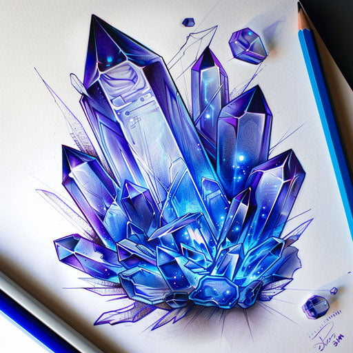 Intricate flat tattoo sketch of a glowing crystal in deep blue and purple