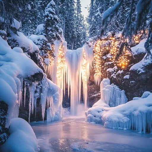 Frozen waterfall surrounded by icicles and snow-covered tree