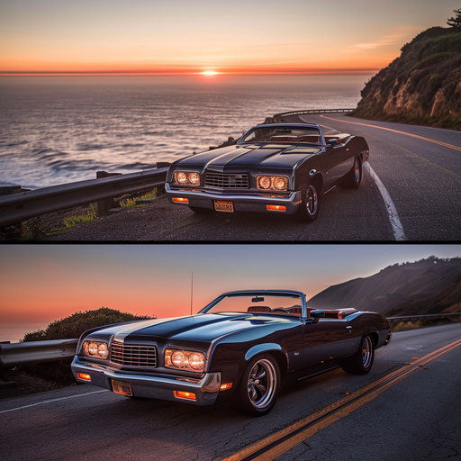 1976 Malibu Classic transformed into a sleek roadster, cruising down Pacific Coast Highway at sunset.