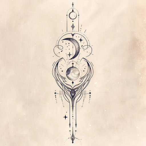 Art nouveau style galaxy tattoo, elegant lines on white background