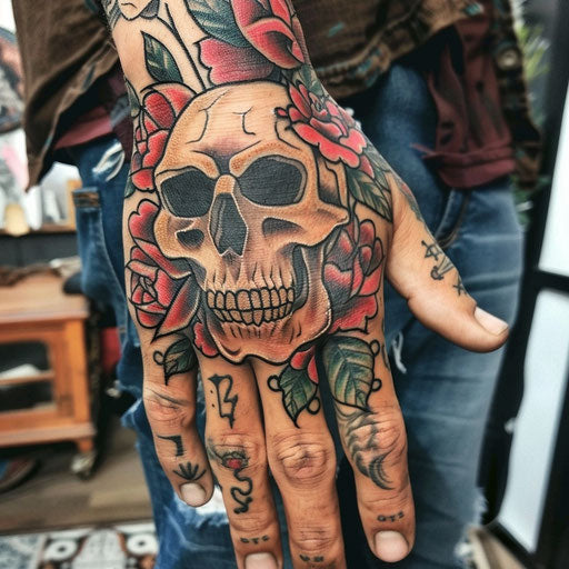 Hand tattoo with a skull and roses, in the style of Ed Hardy