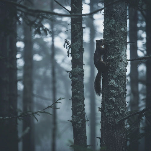 Squirrel climbing in a dense forest in the style of Vincent Munier