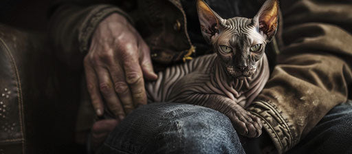 Sphynx cat on owner's lap, disfigured forms style, dense surface, teethcore 41:18