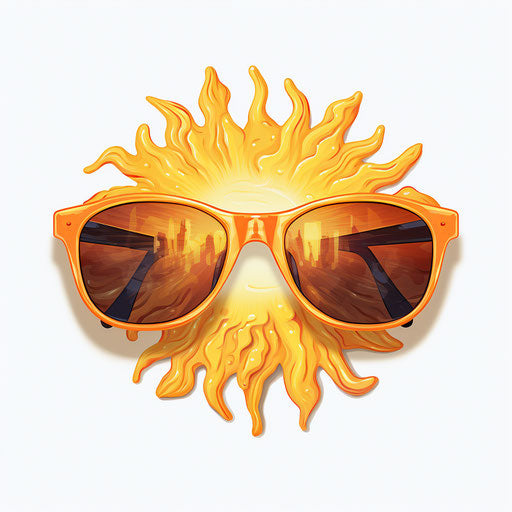 Sun with sunglasses clipart in the style of oil painting, on white background