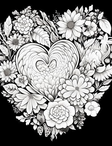 Black and white heart shape coloring page, flower style