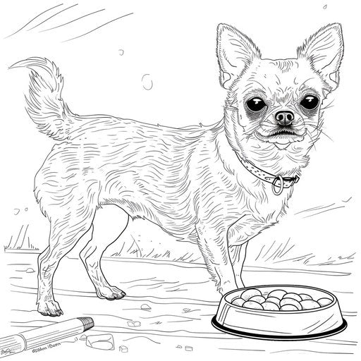 Chihuahua waiting by dog bowl. Coloring book page