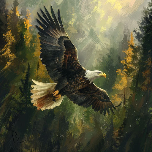 Bald eagle flying over a forest, sharp focus, Aaron Blaise style