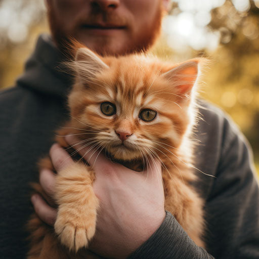 Orange cat being held by its owner