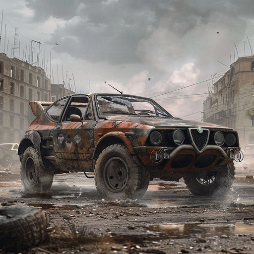 Post-apocalyptic custom Alfa Romeo Alfasud in a wasteland
