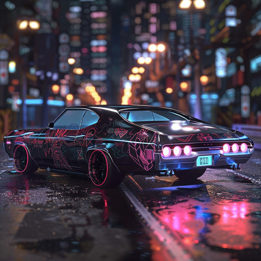 1969 Chevrolet Chevelle SS cyberpunk style with digital graffiti and high-tech enhancements