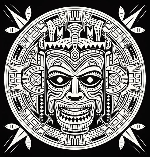 Tribal mask or geometric frame tattoo design, Guatemalan art style, circular shapes, mythology-inspired, mono-ha, Moche art 24:25