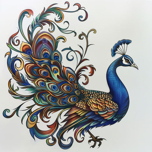 Art nouveau tattoo design with peacock and colorful feathers