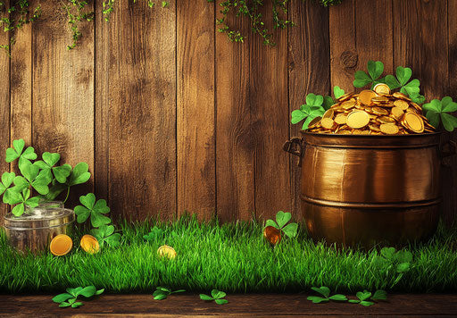 St. Patrick's Day banner with green grass, pot of gold, and clover leaves on a wooden background