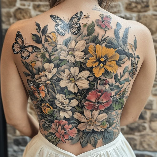 Female back tattoo in the style of Maria Sibylla Merian with detailed botanicals