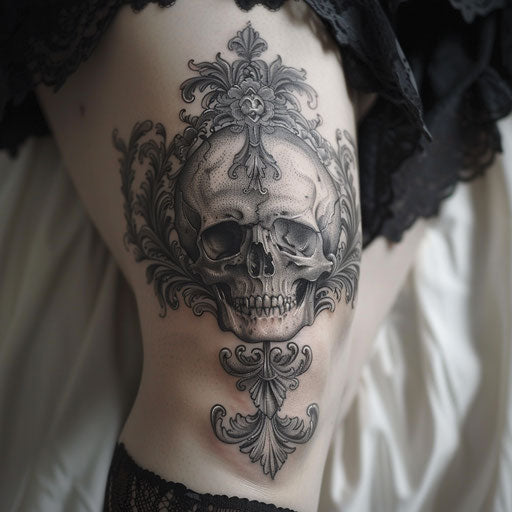 Knee tattoos in the style of Gerald Brom with a dark gothic skull