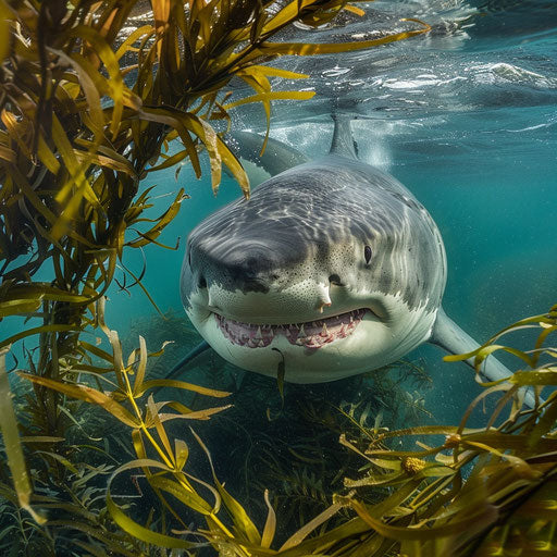 Great white shark swimming near ocean floor with seaweed