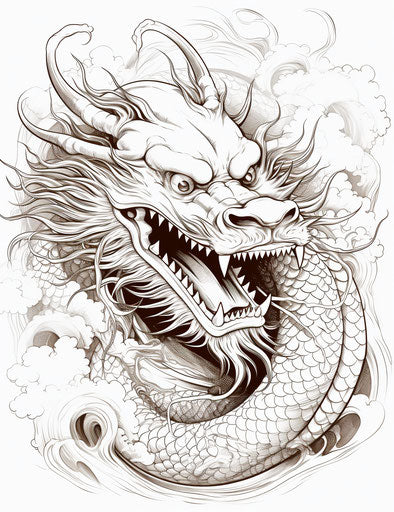 Chinese dragon symbol on white background, virgil finlay style