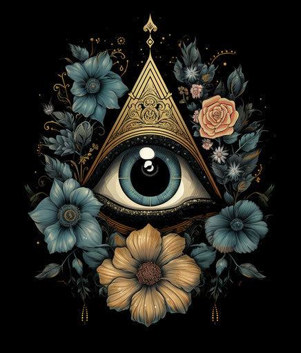 All-seeing eye with floral symbols on black background